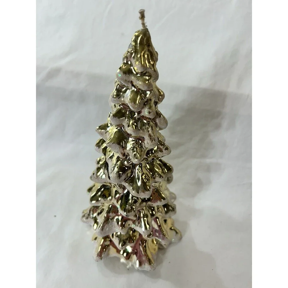 At Home Gold Christmas Tree Candle Snow Holiday Decor Vintage Seasonal
